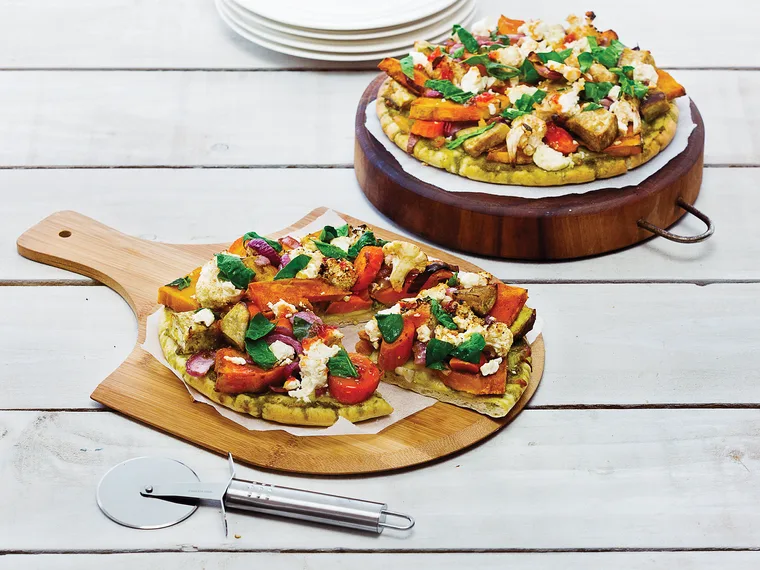 Roast vegetable and pesto pizza