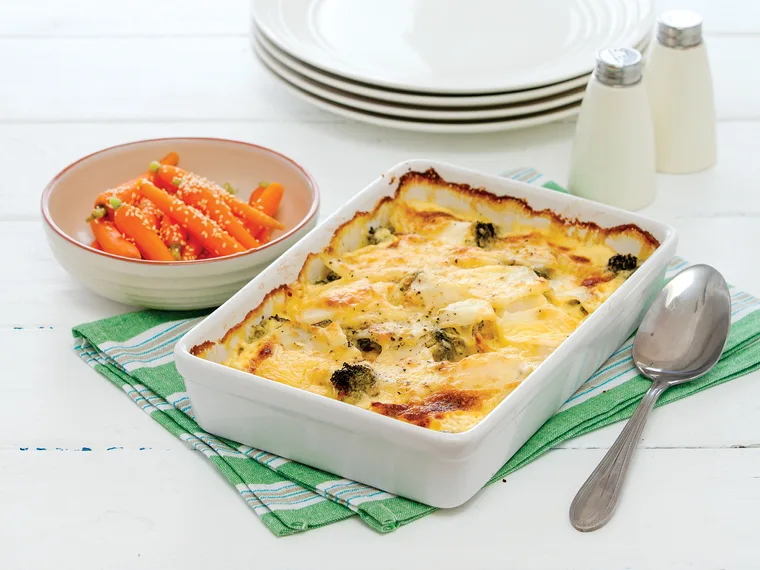 Cheesy vegetable bake with honey glazed carrots