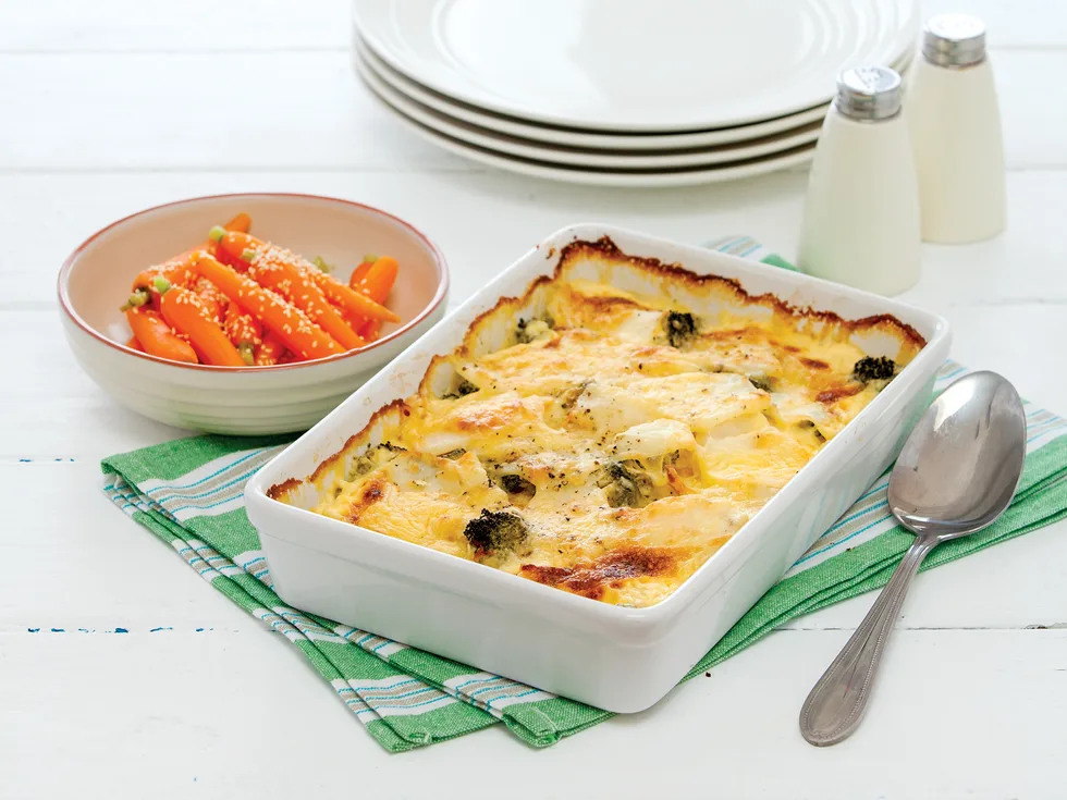 Cheesy vegetable bake with honey glazed carrots