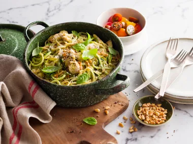 Creamy pesto chicken spaghetti and zuchetti