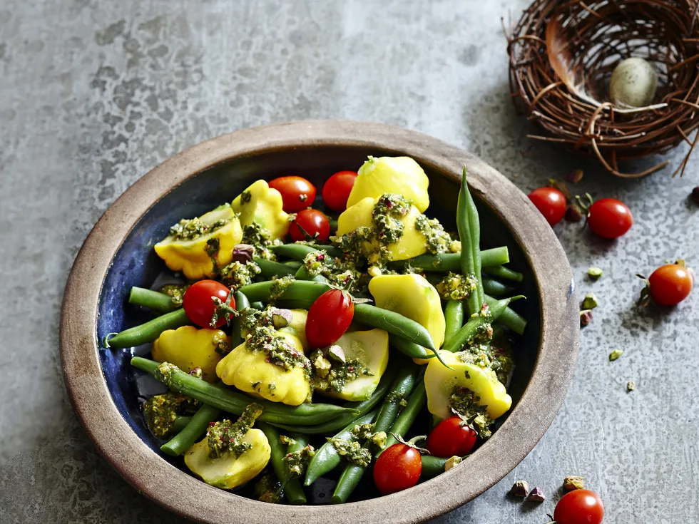 Beans with mint and pistachio pesto