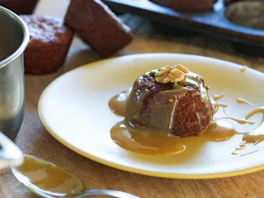 Apricot and walnut puddings with caramel sauce