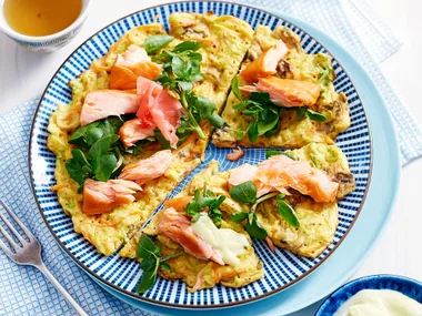 Japanese pancake with hot smoked salmon