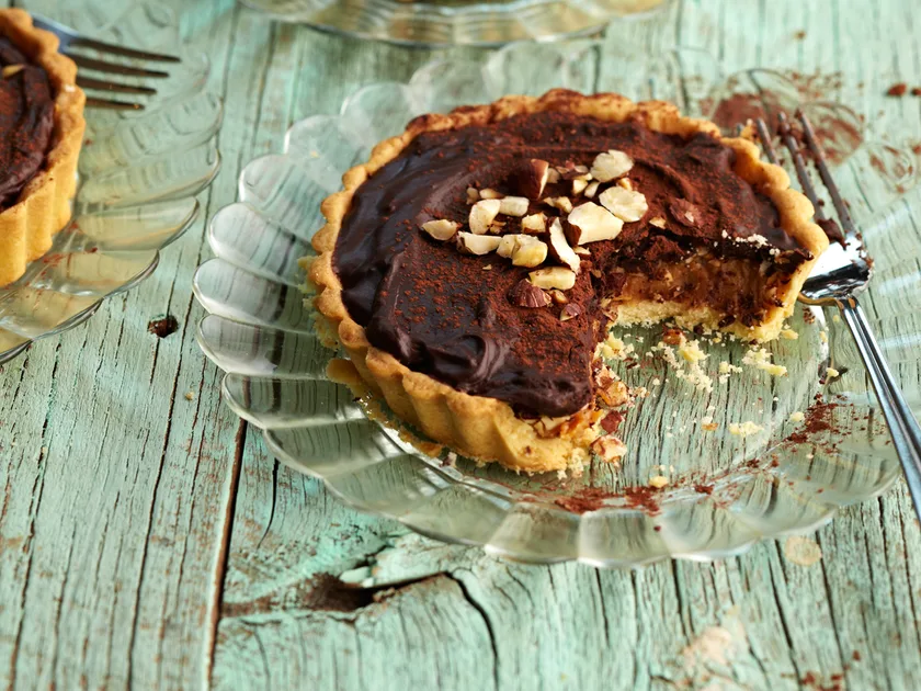 Chocolate caramel and hazelnut tarts
