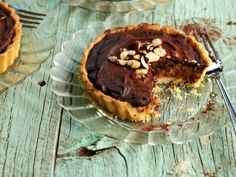 Chocolate caramel and hazelnut tarts