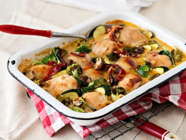 Creamy oven-baked chicken and vegetable casserole dish