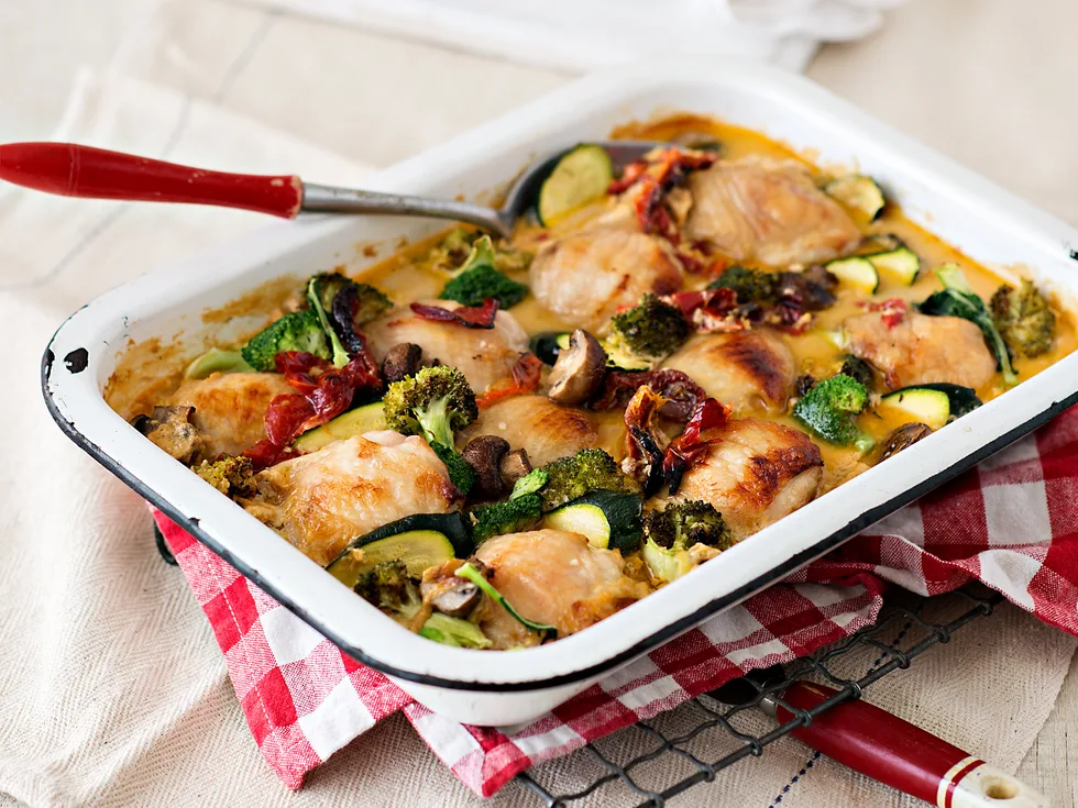 Creamy oven-baked chicken and vegetable casserole dish