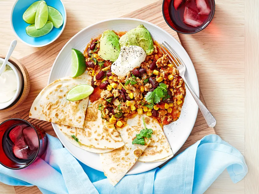 Chilli chicken with cheese quesadillas