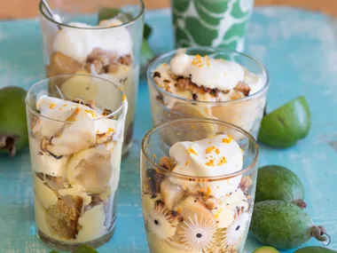 Feijoa, ginger custard and walnut trifles