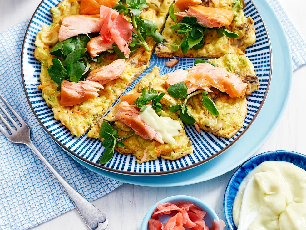 Japanese pancake with hot-smoked salmon