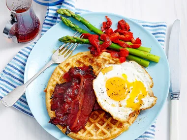 Buttermilk waffles with crispy maple bacon