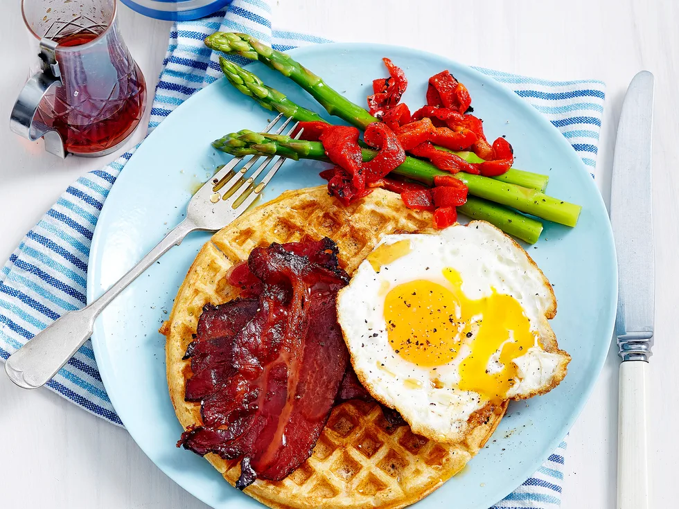 Buttermilk waffles with crispy maple bacon