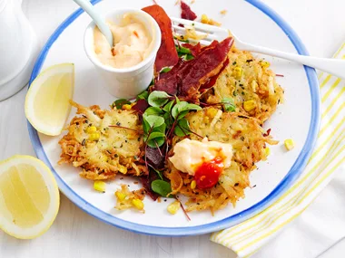 Potato and corn rostis with chilli aioli