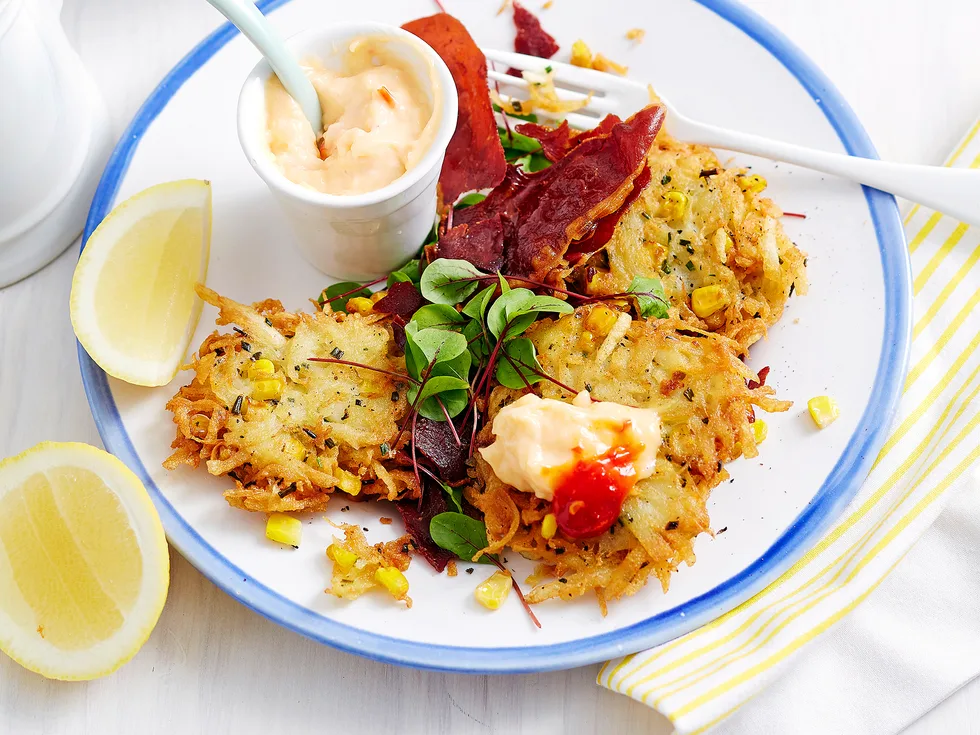 Potato and corn rostis with chilli aioli