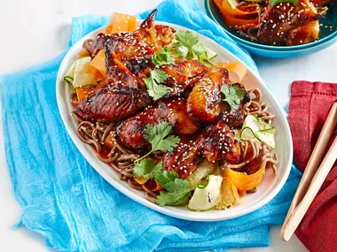 Sticky honey soy wings with noodles
