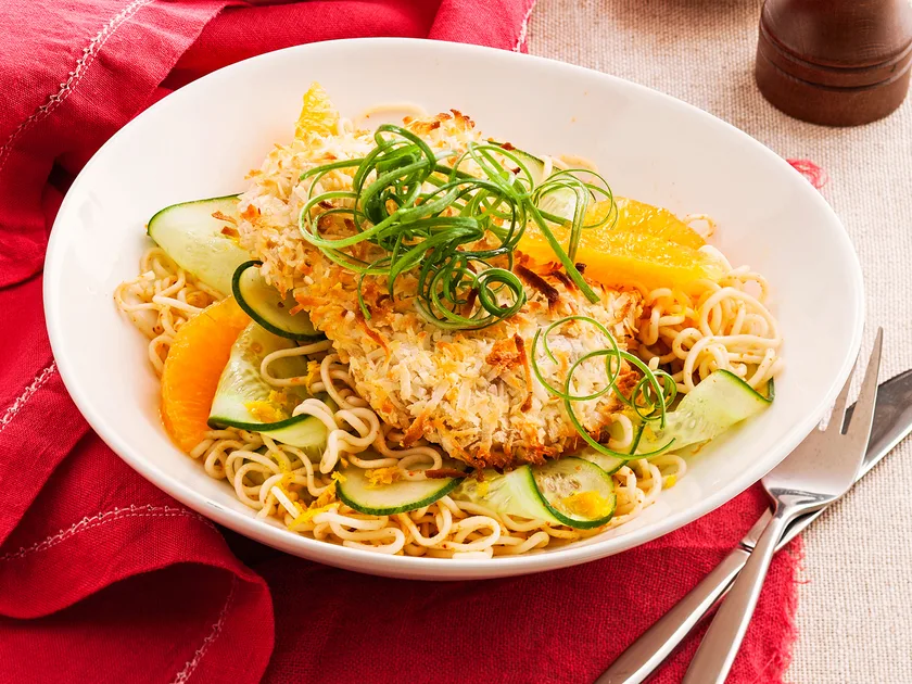 Coconut-crumbed chicken with noodles