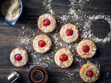 Shrewsbury biscuits with raspberry & strawberry jam