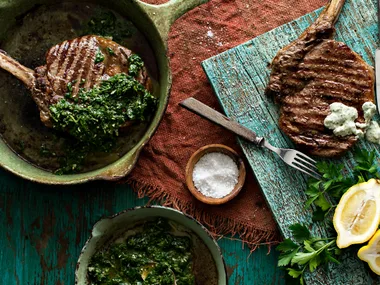 Rib eye steak with green sauces