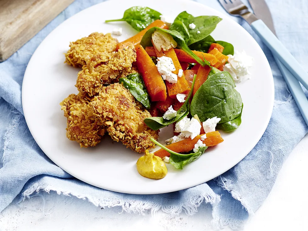 Corn chip-crumbed chicken bites