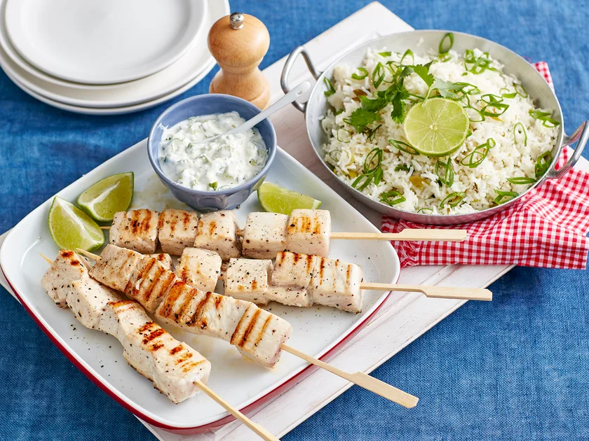 Swordfish skewers with coriander pilaf