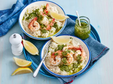 Coconut prawn risotto with kale pesto
