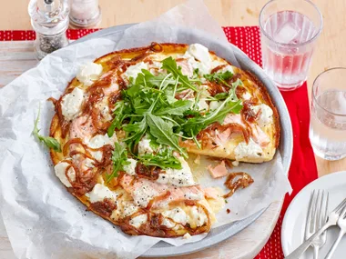 Salmon, caramelised onion and goat’s cheese frittata