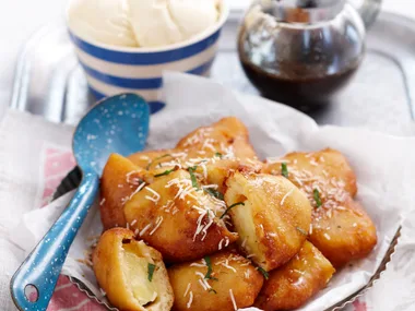 Pineapple fritters with lime and mint syrup