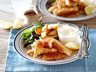 Crunchy fish goujons and potato wedges