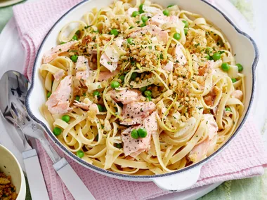 Leek and salmon fettuccine with lemon crumb