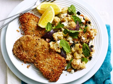 Gluten-free veal schnitzel with cauliflower salad