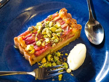 Rhubarb frangipane tart with sweet dukkah