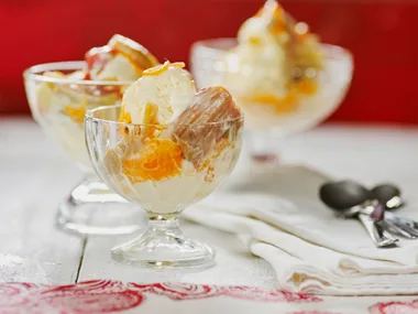 Orange-scented ice cream with orange-poached rhubarb compote