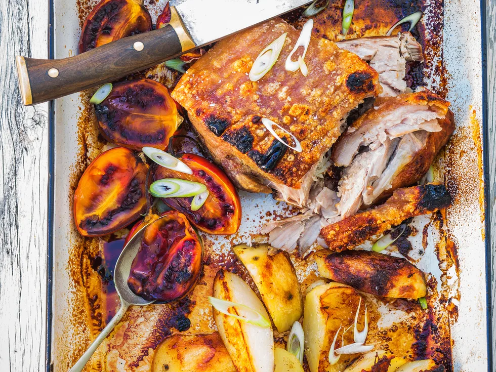 Slow-cooked pork and roasted tamarillos