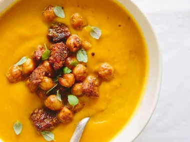 Roasted pumpkin soup with chickpea migas