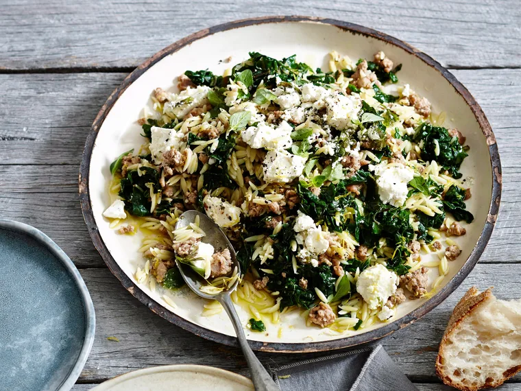 Orzo with pork, silverbeet and feta