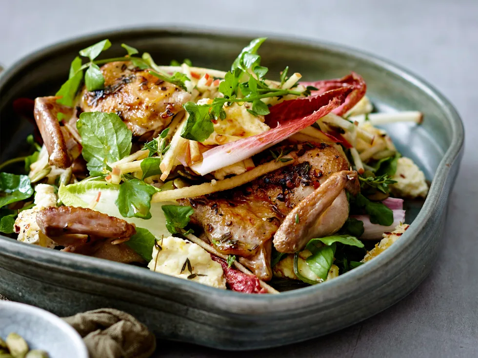 Autumn quail salad with baked ricotta and apple