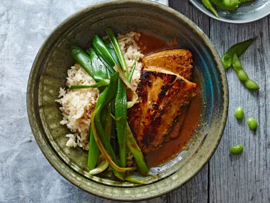 Miso-glazed monkfish with sesame rice and spring onion