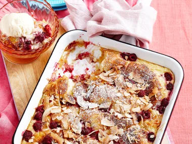 Raspberry croissant pudding