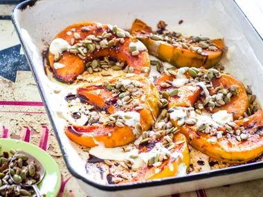 Roast pumpkin with seeds and pomegranate dressing