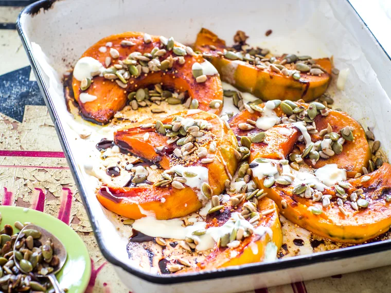 Roast pumpkin with seeds and pomegranate dressing