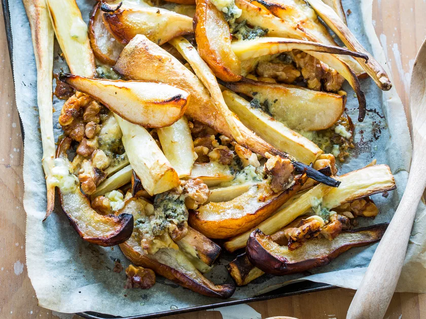 Roasted parsnip, pear, blue cheese and walnuts