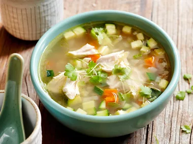 Chicken, brown rice and vegetable soup