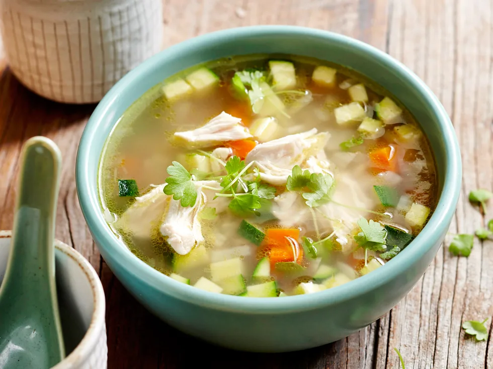 Chicken, brown rice and vegetable soup