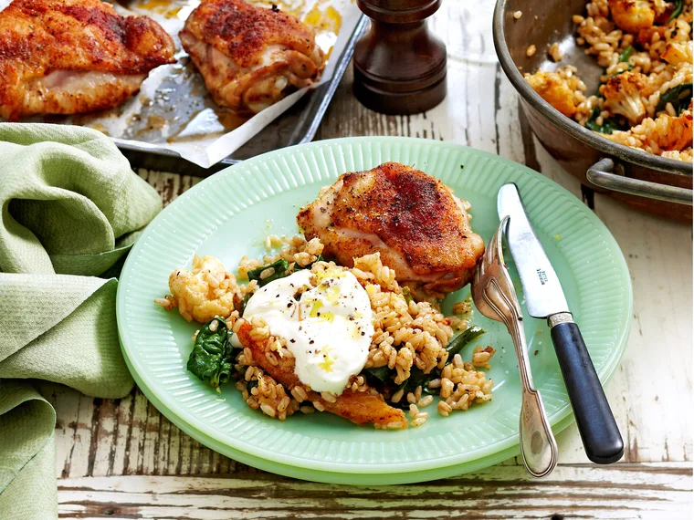 Cauliflower rice and spiced chicken