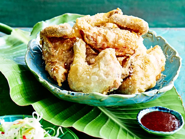 Korean fried chicken with sprout salad