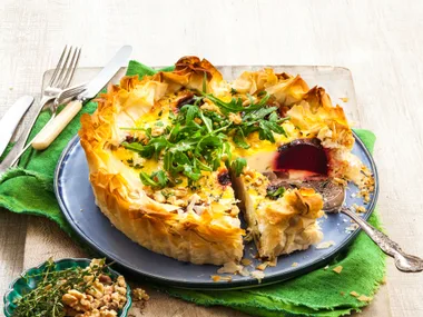 Beetroot, cheese and walnut tart