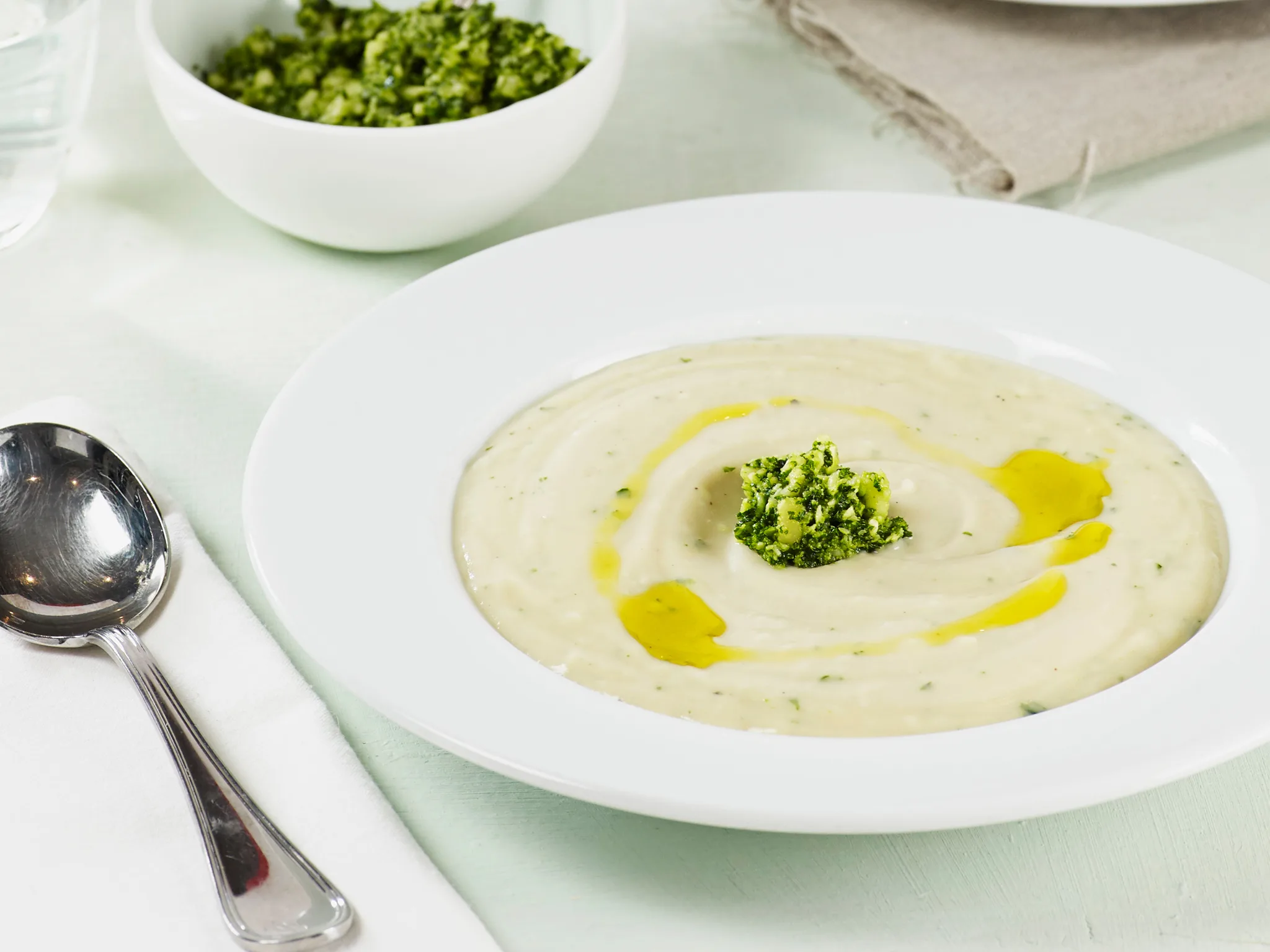 Coconut kumara soup with kale pesto