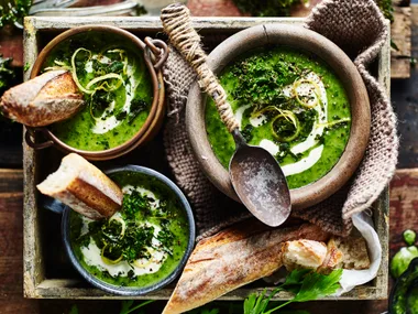 Broccoli and kale soup with lemon creme fraiche