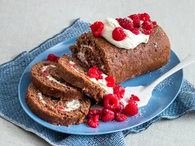 Chocolate roulade with raspberries