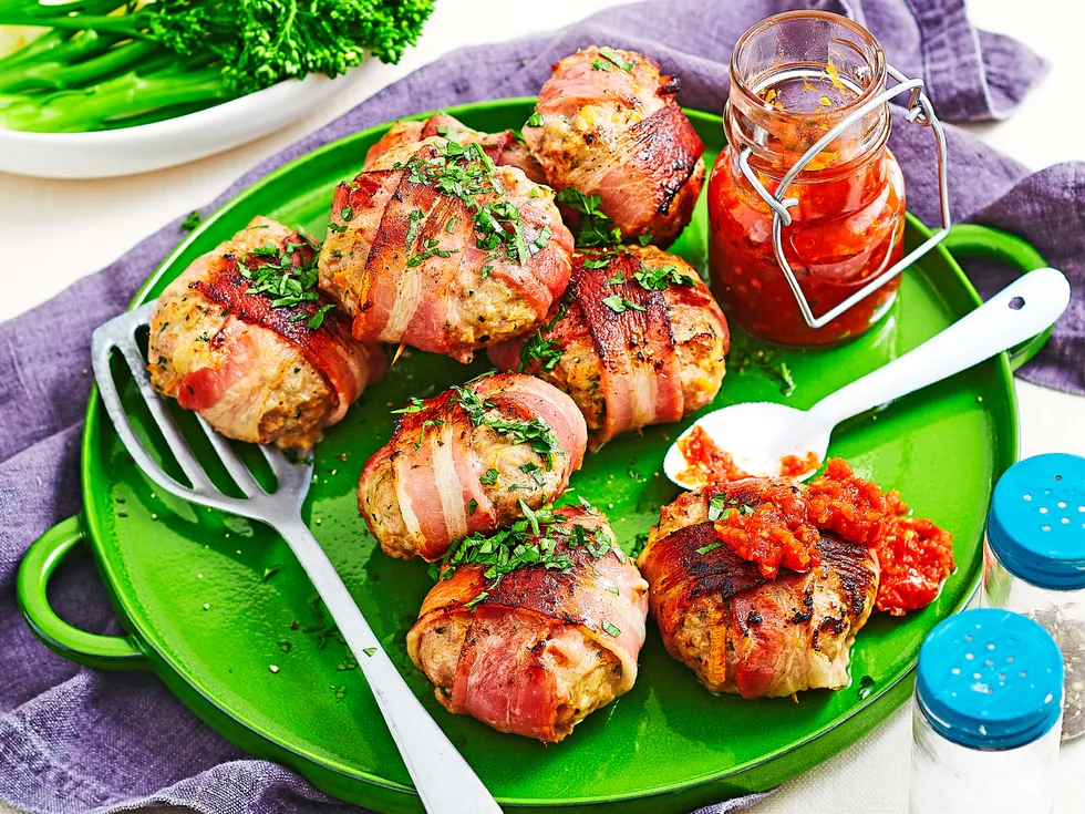 Bacon-wrapped rissoles with chilli jam